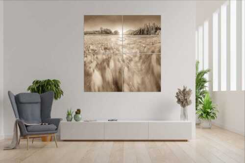 Sonnenaufgang an der Isar mit Karwendelgebirge - Freude am Fließen - 4er Split, Größe ca. 180x180cm, Seitenverhältnis 1:1 - Isar Wasser - weitere Infos unter https://www.kriner-weiermann.de