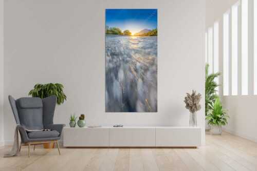 Sonnenaufgang an der Isar mit Karwendelgebirge - Freude am Fließen - Größe ca. 90x180cm, Seitenverhältnis 1:2 - Isar Wasser - weitere Infos unter https://www.kriner-weiermann.de
