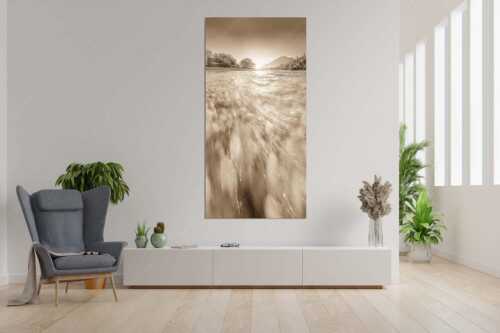 Sonnenaufgang an der Isar mit Karwendelgebirge - Freude am Fließen - Größe ca. 90x180cm, Seitenverhältnis 1:2 - Isar Wasser - weitere Infos unter https://www.kriner-weiermann.de
