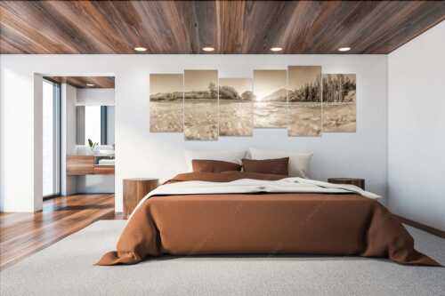 Sonnenaufgang an der Isar mit Karwendelgebirge - Freude am Fließen - 6er Split, Größe ca. 280x112cm, Seitenverhältnis 2,5:1 - Isar Wasser - weitere Infos unter https://www.kriner-weiermann.de