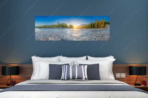 Sonnenaufgang an der Isar mit Karwendelgebirge - Freude am Fließen - Größe ca. 180x60cm, Seitenverhältnis 3:1 - Isar Wasser - weitere Infos unter https://www.kriner-weiermann.de