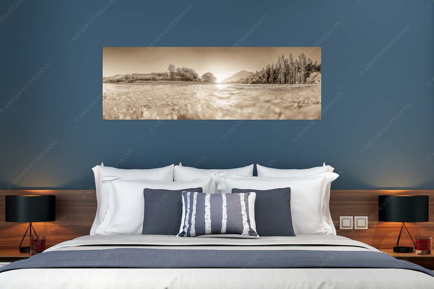 Sonnenaufgang an der Isar mit Karwendelgebirge - Freude am Fließen - Größe ca. 180x60cm, Seitenverhältnis 3:1 - Isar Wasser - weitere Infos unter https://www.kriner-weiermann.de