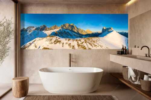 Blick über das Puittal zur Schüsselkar- und Leutascher Dreitorspitze im Wettersteingebirge - Freudige Aktion - Größe ca. 300x100cm, Seitenverhältnis 3:1 - Winterwanderung Wetterstein - weitere Infos unter https://www.kriner-weiermann.de