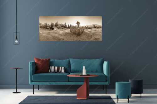 Sonnenaufgang auf der Alm mit Karwendel im Hintergrund - Friedlicher Morgen - Größe ca. 175x70cm, Seitenverhältnis 2,5:1 - Feldkreuz mit Karwendel - weitere Infos unter https://www.kriner-weiermann.de