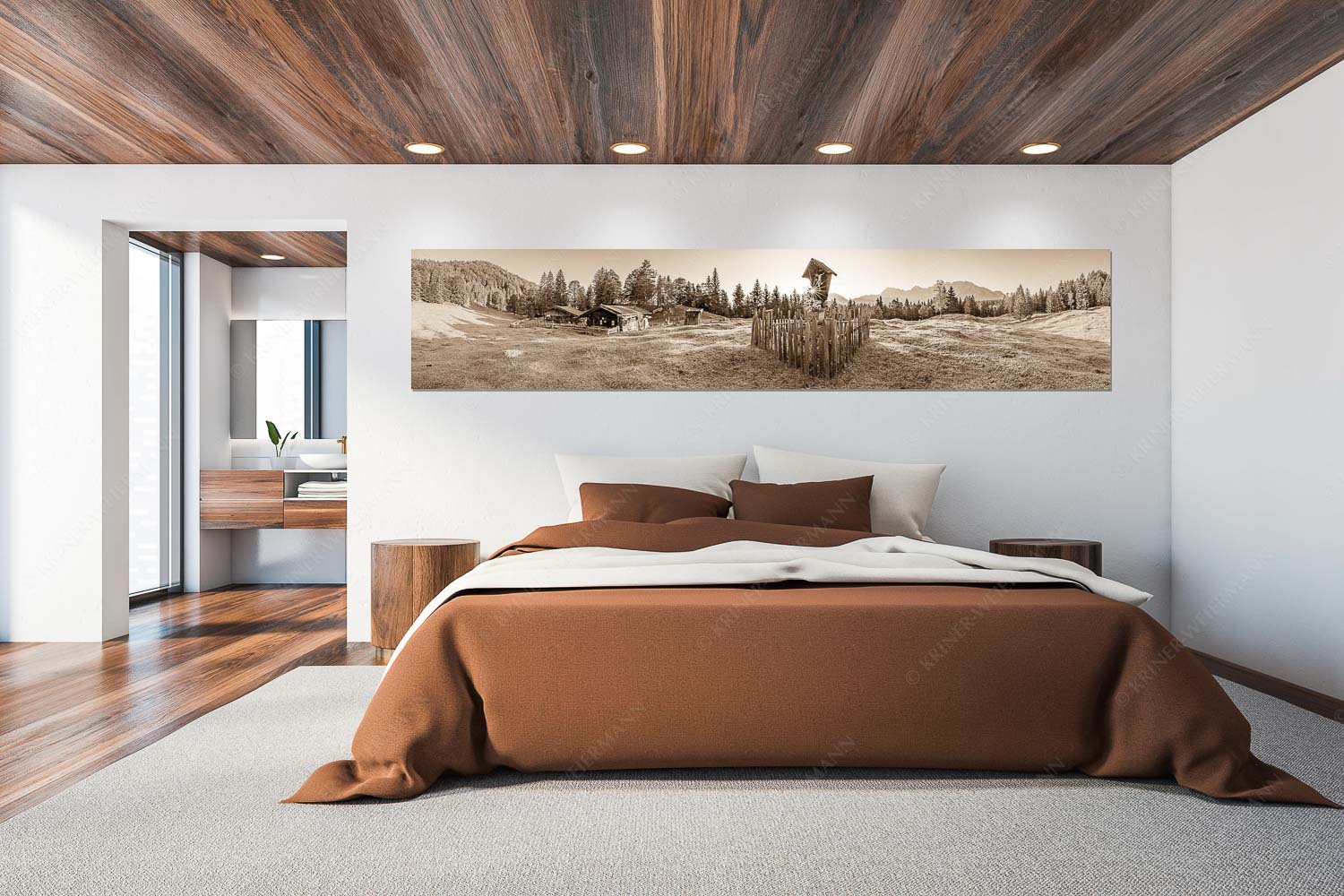 Friedlicher Morgen – Größe ca. 300x60cm, Seitenverhältnis 5:1 — Feldkreuz mit Karwendel Sonnenaufgang auf der Alm mit Karwendel im Hintergrund - Friedlicher Morgen - Größe ca. 300x60cm, Seitenverhältnis 5:1 - Feldkreuz mit Karwendel - weitere Infos unter https://www.kriner-weiermann.de