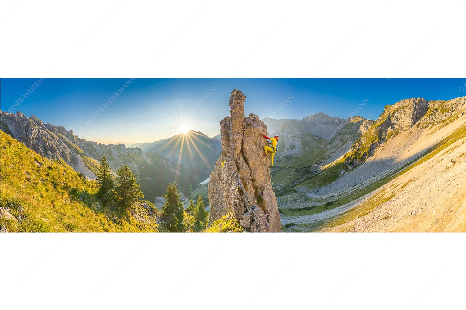 Früh am Fels – Seitenverhältnis 3:1 — Klettern im Soierngebirge Klettererin unterwegs im Soiern bei Sonnenaufgang