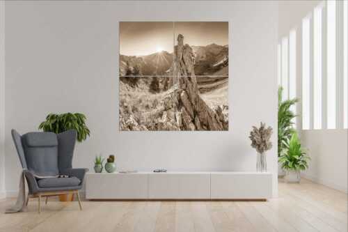 Klettererin unterwegs im Soiern bei Sonnenaufgang - Früh am Fels - 4er Split, Größe ca. 180x180cm, Seitenverhältnis 1:1 - Klettern im Soierngebirge - weitere Infos unter https://www.kriner-weiermann.de