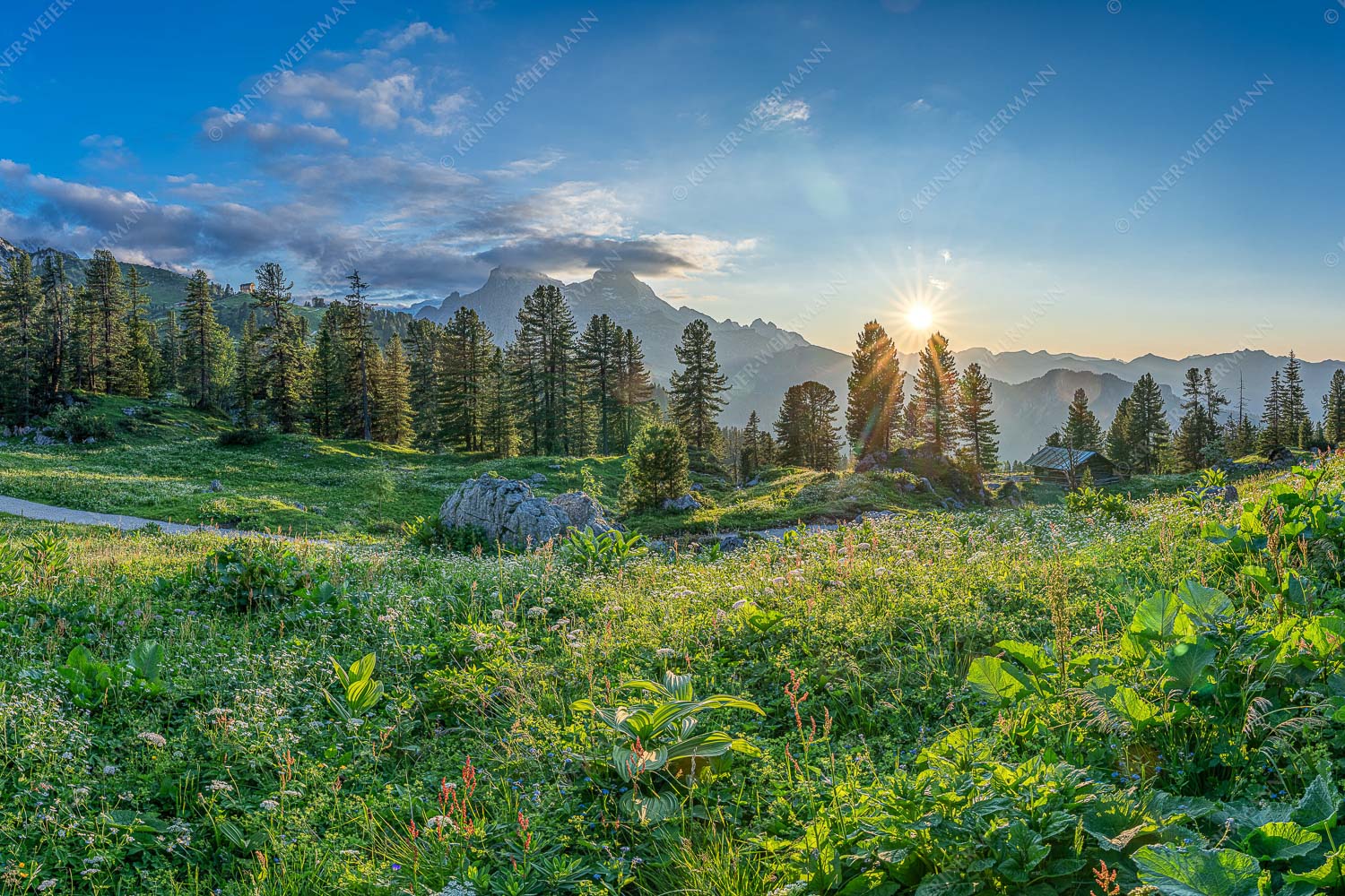 Die letzten Sonnenstrahlen wärmen noch die Almwiesen rund um das Schachenschloss