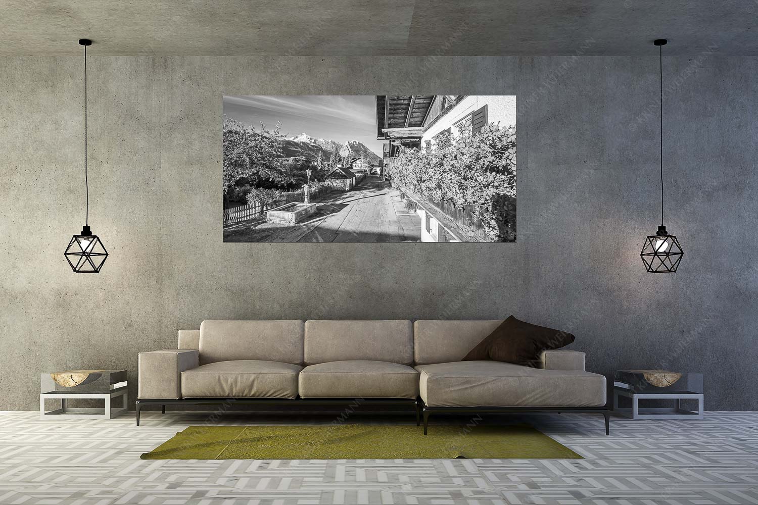 Frühlingsstraße – Größe ca. 200x100cm, Seitenverhältnis 2:1 — Garmisch mit Alpspitze und Waxenstein Blick von der Frühlingsstraße in Garmisch zum Zugspitzmassiv im Wetterstein - Frühlingsstraße - Größe ca. 200x100cm, Seitenverhältnis 2:1 - Garmisch mit Alpspitze und Waxenstein - weitere Infos unter https://www.kriner-weiermann.de