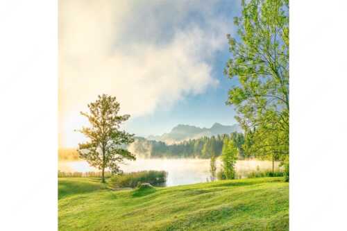Morgenstimmung am Geroldsee mit Blick zum Karwendelgebirge - Frühnebel - Seitenverhältnis 1:1 - Geroldsee mit Karwendel - weitere Infos unter https://www.kriner-weiermann.de