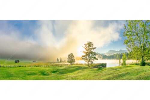 Morgenstimmung am Geroldsee mit Blick zum Karwendelgebirge - Frühnebel - Seitenverhältnis 2,5:1 - Geroldsee mit Karwendel - weitere Infos unter https://www.kriner-weiermann.de
