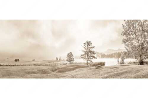 Morgenstimmung am Geroldsee mit Blick zum Karwendelgebirge - Frühnebel - Seitenverhältnis 2,5:1 - Geroldsee mit Karwendel - weitere Infos unter https://www.kriner-weiermann.de