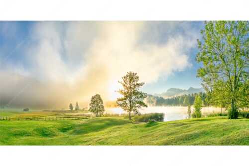 Morgenstimmung am Geroldsee mit Blick zum Karwendelgebirge - Frühnebel - Seitenverhältnis 2:1 - Geroldsee mit Karwendel - weitere Infos unter https://www.kriner-weiermann.de
