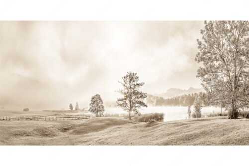 Morgenstimmung am Geroldsee mit Blick zum Karwendelgebirge - Frühnebel - Seitenverhältnis 2:1 - Geroldsee mit Karwendel - weitere Infos unter https://www.kriner-weiermann.de