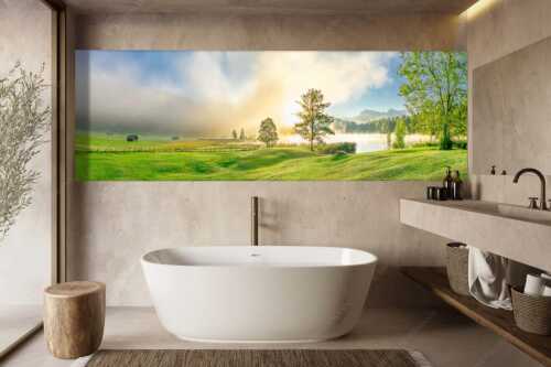 Morgenstimmung am Geroldsee mit Blick zum Karwendelgebirge - Frühnebel - Größe ca. 300x100cm, Seitenverhältnis 3:1 - Geroldsee mit Karwendel - weitere Infos unter https://www.kriner-weiermann.de