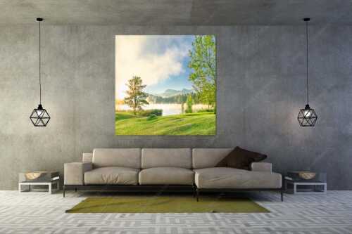 Morgenstimmung am Geroldsee mit Blick zum Karwendelgebirge - Frühnebel - Größe ca. 160x160cm, Seitenverhältnis 1:1 - Geroldsee mit Karwendel - weitere Infos unter https://www.kriner-weiermann.de