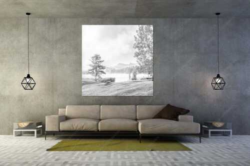 Morgenstimmung am Geroldsee mit Blick zum Karwendelgebirge - Frühnebel - Größe ca. 160x160cm, Seitenverhältnis 1:1 - Geroldsee mit Karwendel - weitere Infos unter https://www.kriner-weiermann.de