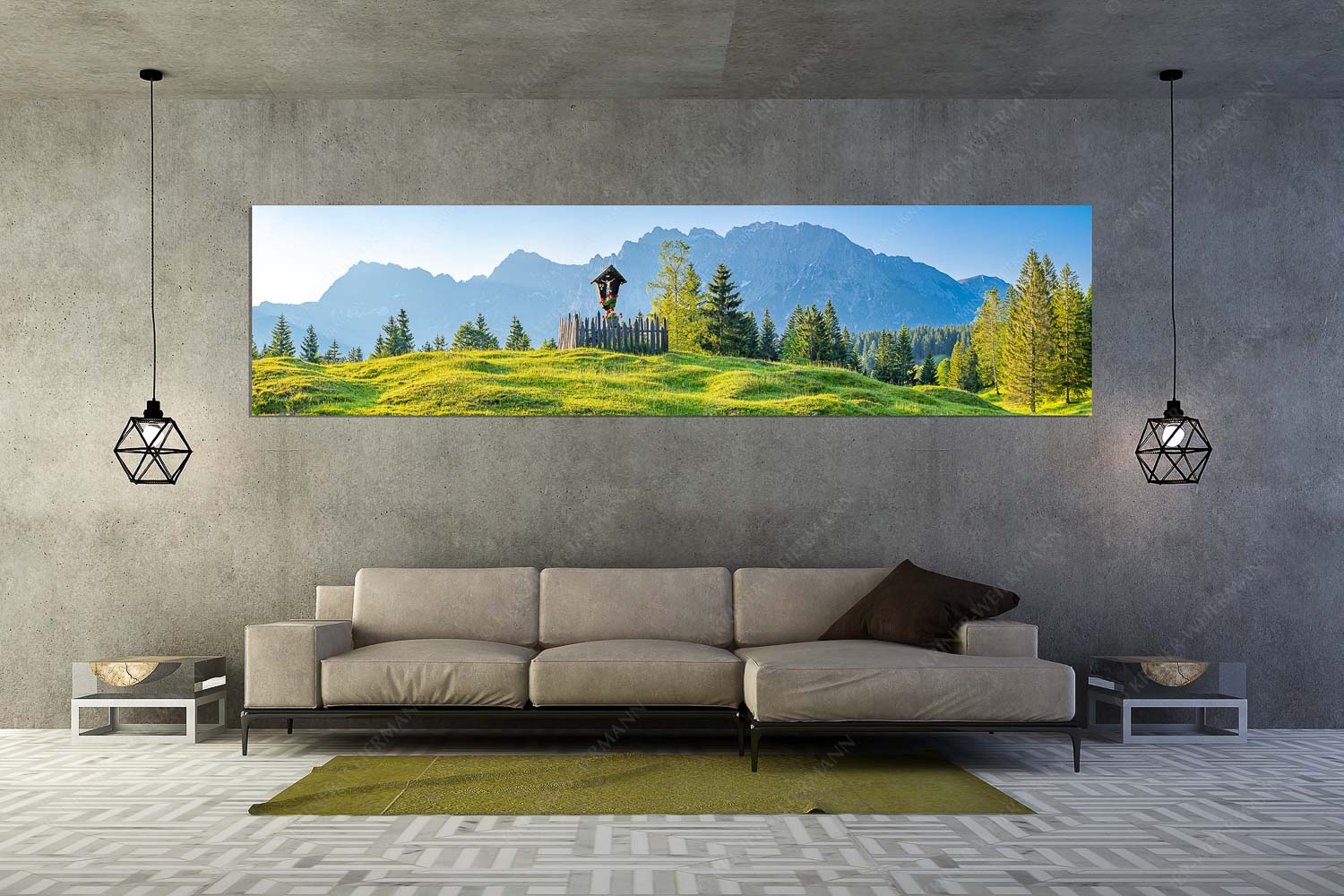 Göttlich – Größe ca. 320x80cm, Seitenverhältnis 4:1 — Feldkreuz in den Buckelwiesen mit Karwendel Wegkreuz mit Wörner, Tiefkarspitze und Westlicher Karwendelspitze - Göttlich - Größe ca. 320x80cm, Seitenverhältnis 4:1 - Feldkreuz in den Buckelwiesen mit Karwendel - weitere Infos unter https://www.kriner-weiermann.de