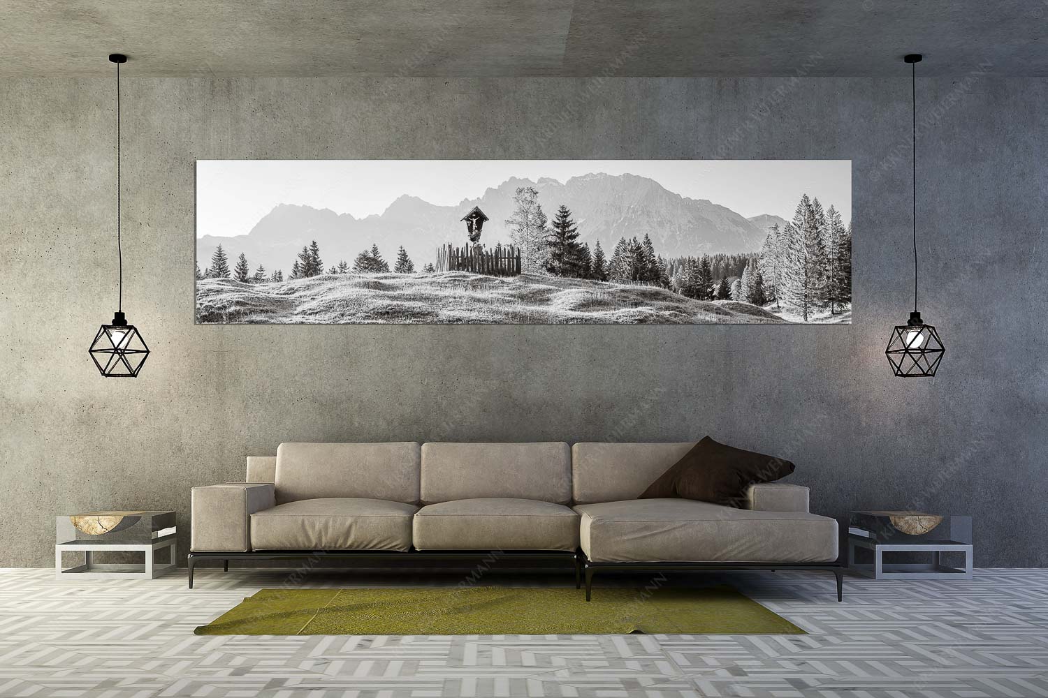 Wegkreuz mit Wörner, Tiefkarspitze und Westlicher Karwendelspitze - Göttlich - Größe ca. 320x80cm, Seitenverhältnis 4:1 - Feldkreuz in den Buckelwiesen mit Karwendel - weitere Infos unter https://www.kriner-weiermann.de