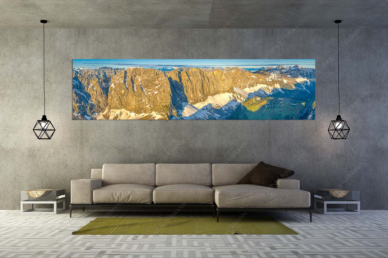 Blick in die Laliderer Nordwände im Karwendel bei Sonnenaufgang - Goldener Riegel - Größe ca. 320x80cm, Seitenverhältnis 4:1 - Karwendelhauptkamm - weitere Infos unter https://www.kriner-weiermann.de
