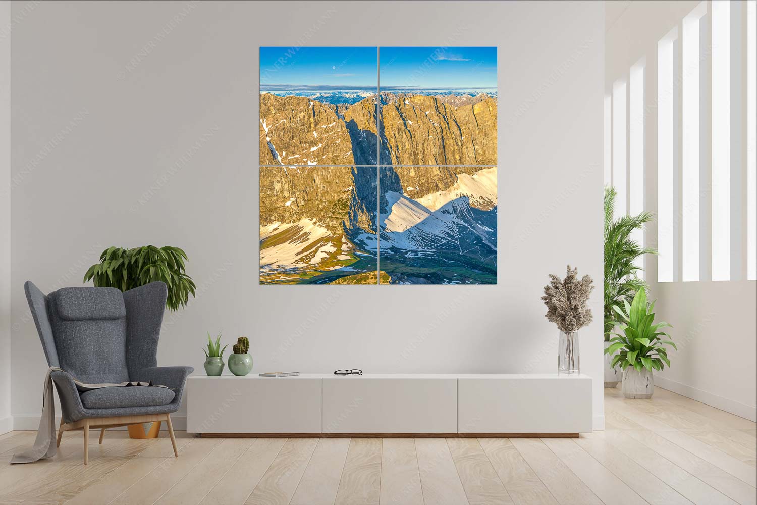 Blick in die Laliderer Nordwände im Karwendel bei Sonnenaufgang - Goldener Riegel - 4er Split, Größe ca. 180x180cm, Seitenverhältnis 1:1 - Karwendelhauptkamm - weitere Infos unter https://www.kriner-weiermann.de