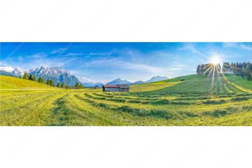 Gemähte Wiese am Tonihof mit Blick zum Karwendel und Wetterstein - Groamat - Seitenverhältnis 3:1 - Heuarbeit im Werdenfelserland - weitere Infos unter https://www.kriner-weiermann.de