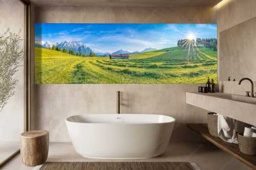 Gemähte Wiese am Tonihof mit Blick zum Karwendel und Wetterstein - Groamat - Größe ca. 300x100cm, Seitenverhältnis 3:1 - Heuarbeit im Werdenfelserland - weitere Infos unter https://www.kriner-weiermann.de