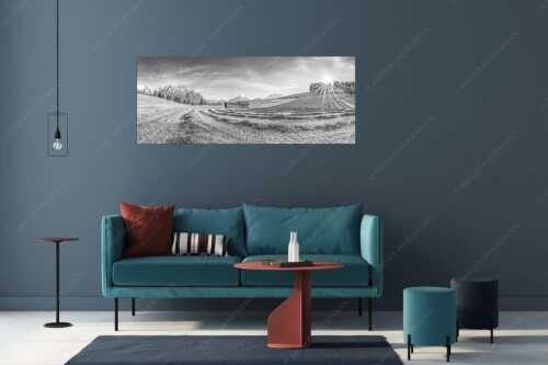 Gemähte Wiese am Tonihof mit Blick zum Karwendel und Wetterstein - Groamat - Größe ca. 175x70cm, Seitenverhältnis 2,5:1 - Heuarbeit im Werdenfelserland - weitere Infos unter https://www.kriner-weiermann.de