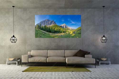 Jungvieh auf der Hallerangeralm mit Speckkar- und Lafatscherspitze im Karwendelgebirge - Halleranger Almweide - Größe ca. 200x100cm, Seitenverhältnis 2:1 - Speckkar und Lafatscher im Karwendel - weitere Infos unter https://www.kriner-weiermann.de