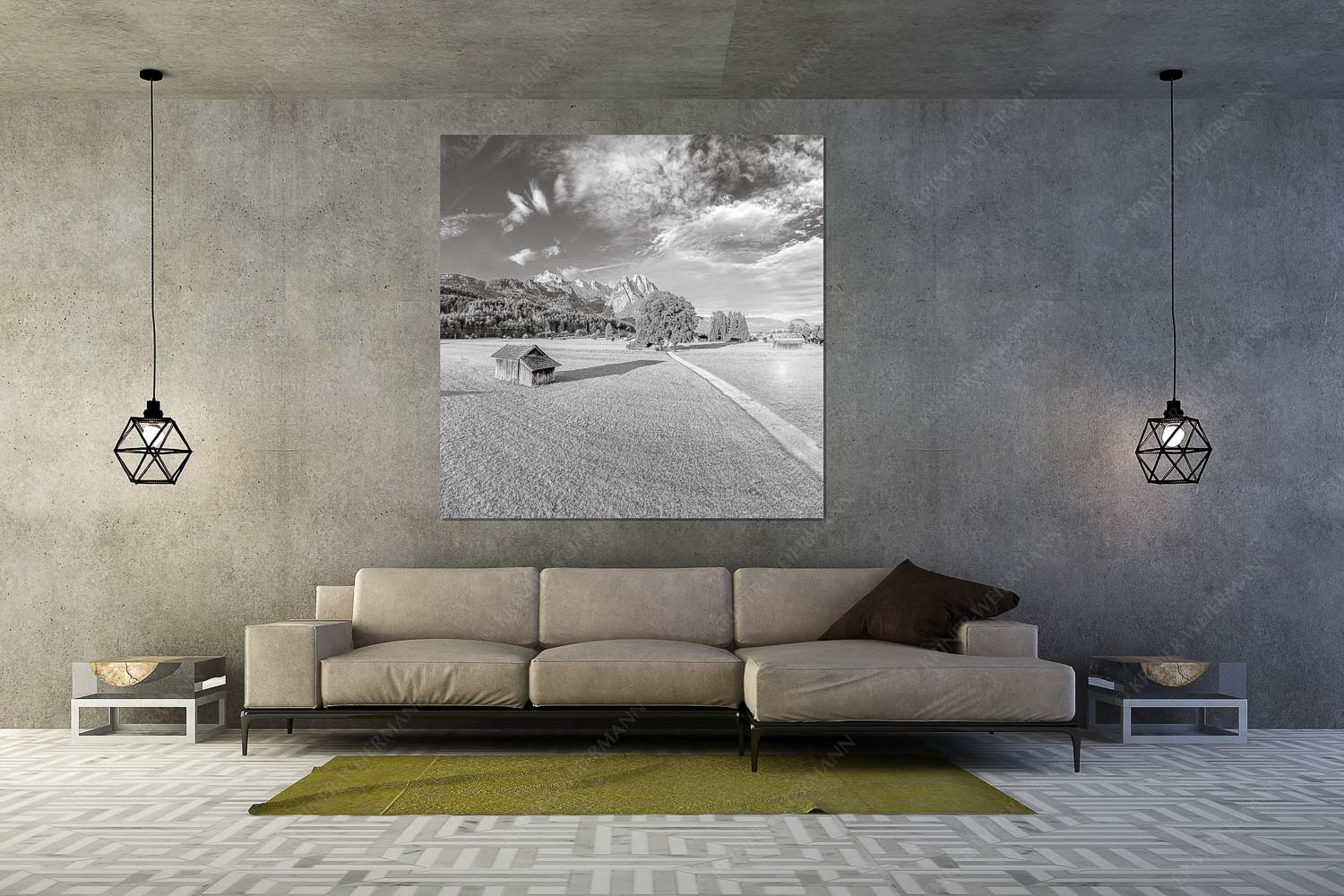 Blick zur Alpspitze und Waxenstein im Wetterstein bei Sonnenaufgang - Hammersbacherweg - Größe ca. 160x160cm, Seitenverhältnis 1:1 - Alpspitze Jubiläumsgrat und Waxenstein - weitere Infos unter https://www.kriner-weiermann.de