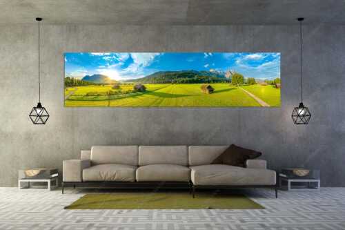 Blick zur Alpspitze und Waxenstein im Wetterstein bei Sonnenaufgang - Hammersbacherweg - Größe ca. 320x80cm, Seitenverhältnis 4:1 - Alpspitze Jubiläumsgrat und Waxenstein - weitere Infos unter https://www.kriner-weiermann.de