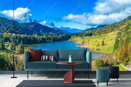 Blick über den Geroldsee zum Zugspitzmassiv mit Alpspitze, Zugspitze und Waxenstein - Heimatsee - Fototapete - Größe ca. 400x200cm, Seitenverhältnis 2:1 - Geroldsee mit Wetterstein - weitere Infos unter https://www.kriner-weiermann.de