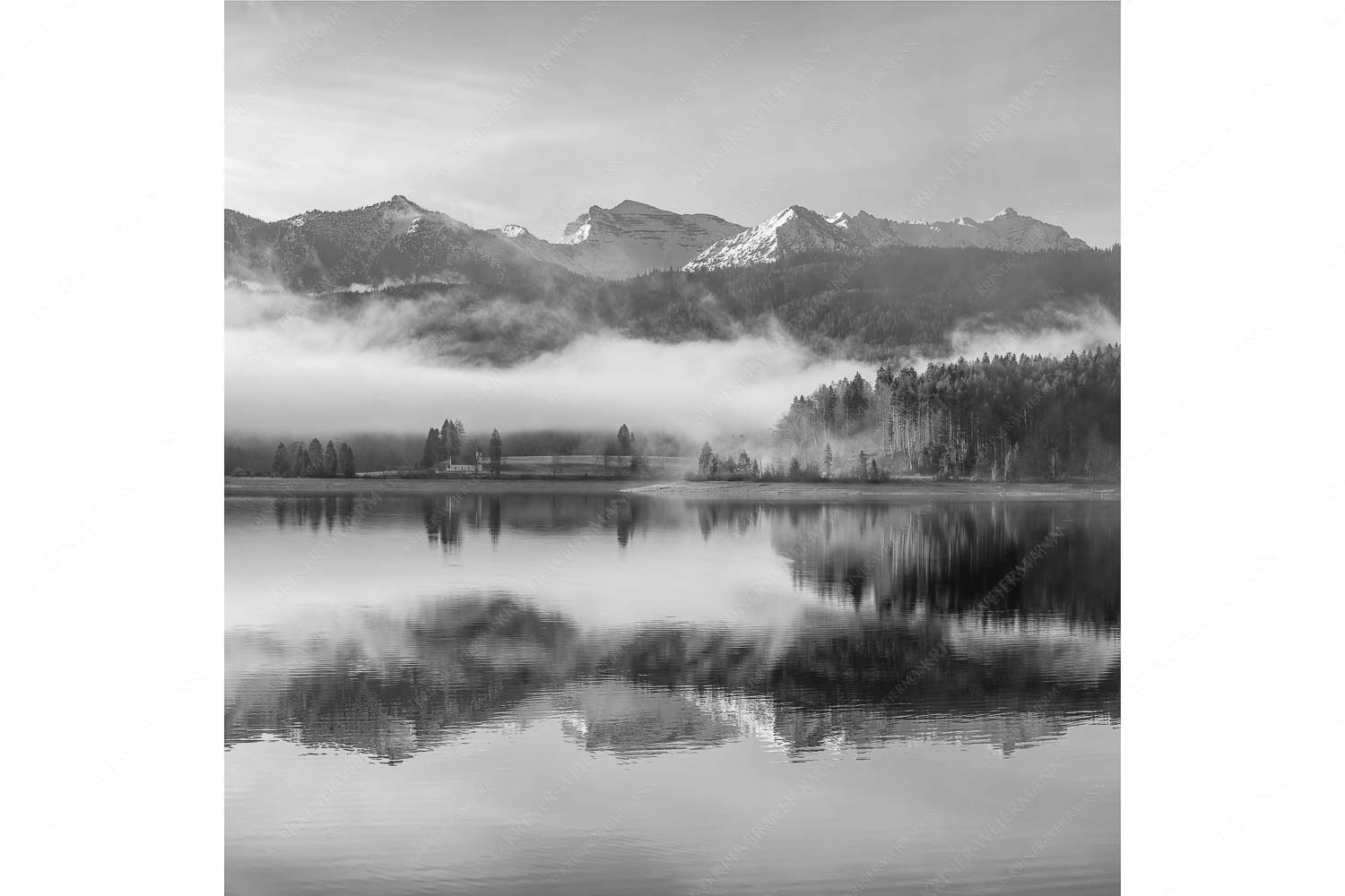 Heimatsymphonie – Seitenverhältnis 1:1 — Walchensee mit Soierngebirge Wie verzaubert liegt die Halbinsel Zwergern im Walchensee mit Soiernblick
