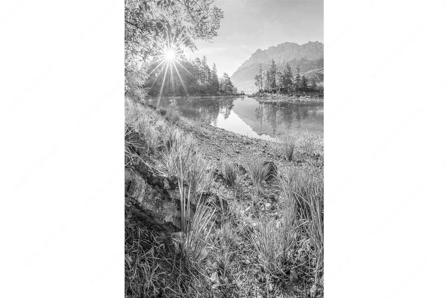 Heimliche Bucht – Seitenverhältnis 2:3 — Sonnenaufgang am Eibsee mit Zugspitze Blick über Eibsee zur Zugspitze im Wettersteingebirge