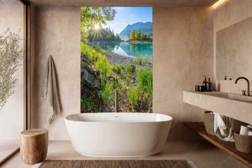 Blick über Eibsee zur Zugspitze im Wettersteingebirge - Heimliche Bucht - Wandbild - Größe ca. 160x240cm, Seitenverhältnis 2:3 - Sonnenaufgang am Eibsee mit Zugspitze - weitere Infos unter https://www.kriner-weiermann.de