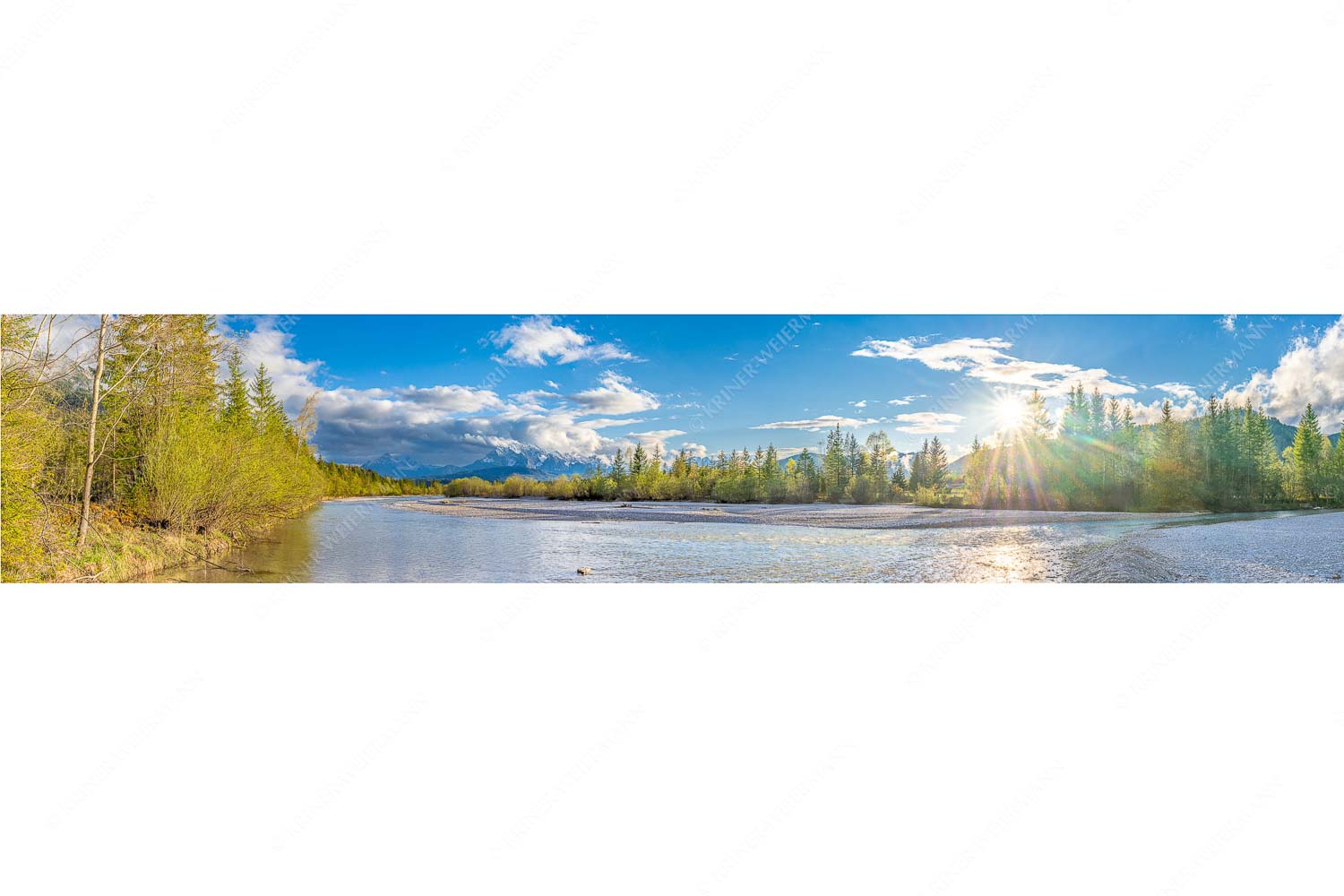 Heimliches Wahrzeichen II – Seitenverhältnis 5:1 — Isar bei Wallgau mit Arnspitzen Blick über Isar zum Wetterstein und den Arnspitzen bei Sonnenuntergang