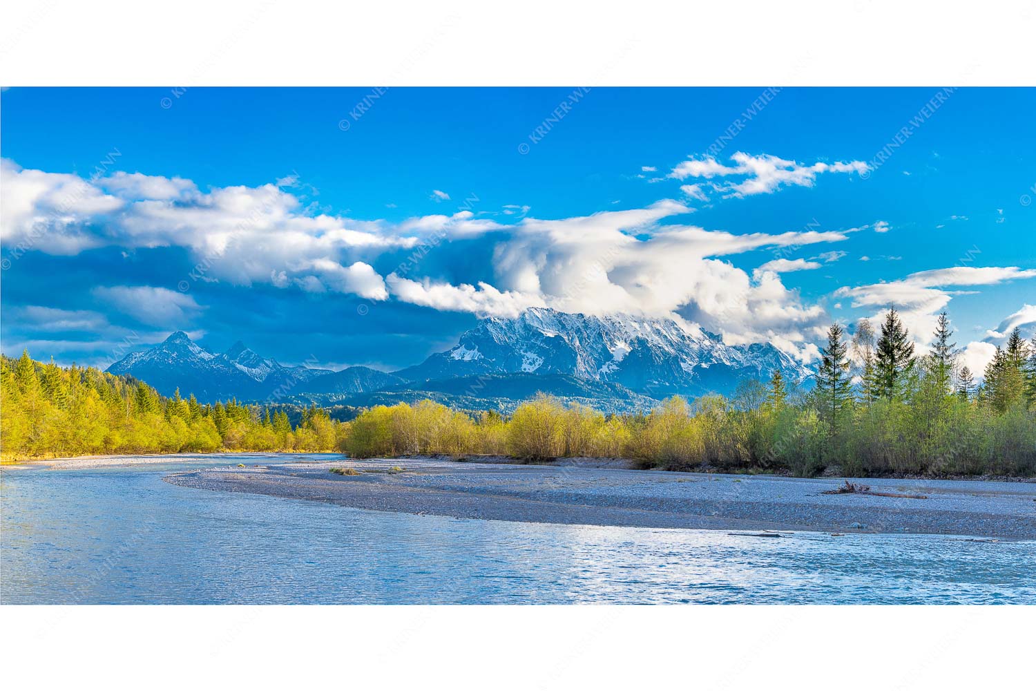 Heimliches Wahrzeichen III – Seitenverhältnis 2:1 — Isar mit Arnspitzen Blick über die Isar bei Wallgau zum Wettersteingebirge und den Arnspitzen