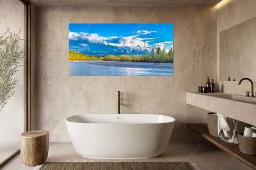 Blick über die Isar bei Wallgau zum Wettersteingebirge und den Arnspitzen - Heimliches Wahrzeichen III - Größe ca. 180x90cm, Seitenverhältnis 2:1 - Isar mit Arnspitzen - weitere Infos unter https://www.kriner-weiermann.de