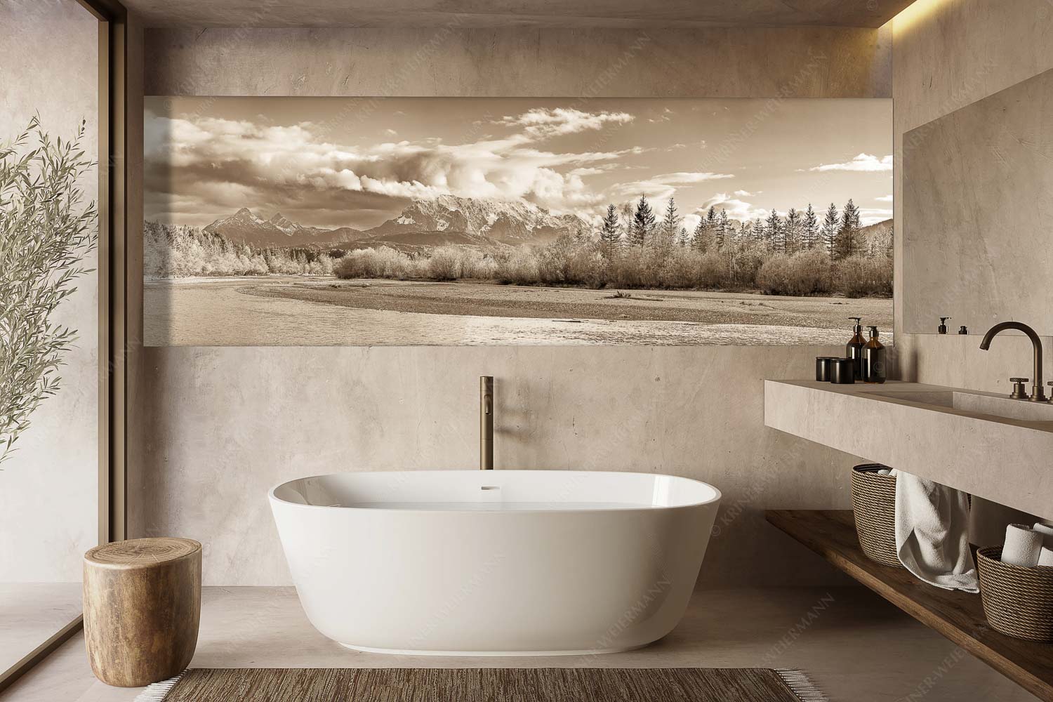 Blick über die Isar bei Wallgau zum Wettersteingebirge und den Arnspitzen - Heimliches Wahrzeichen III - Größe ca. 300x100cm, Seitenverhältnis 3:1 - Isar mit Arnspitzen - weitere Infos unter https://www.kriner-weiermann.de