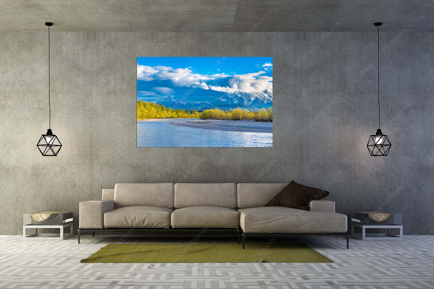 Blick über die Isar bei Wallgau zum Wettersteingebirge und den Arnspitzen - Heimliches Wahrzeichen III - Größe ca. 180x120cm, Seitenverhältnis 3:2 - Isar mit Arnspitzen - weitere Infos unter https://www.kriner-weiermann.de