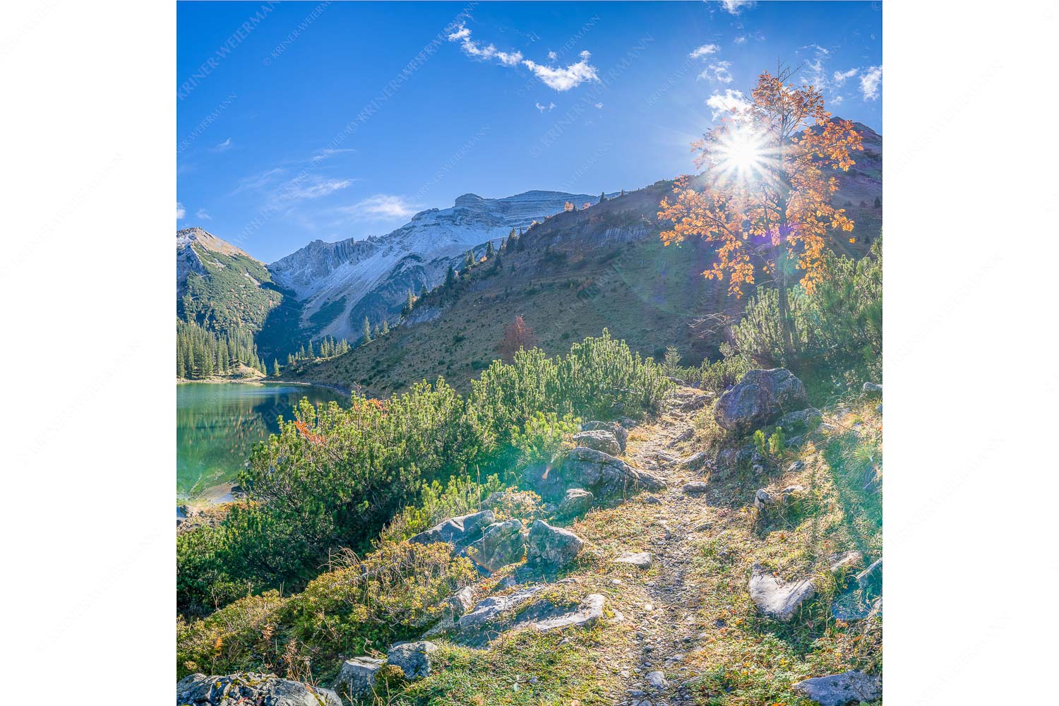 Herbst am Soiern – Seitenverhältnis 1:1 — Soiernspitze mit Soiernsee Bunt färben sich die Ebereschen im Herbst rund um den Soiernkessel