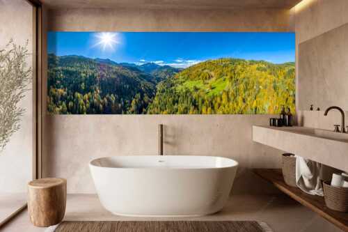 Blick über Hintergraseck zur Alpspitze und Wettersteingebirge - Herbstliches Hintergraseck - Größe ca. 300x100cm, Seitenverhältnis 3:1 - Alpspitze im Wetterstein - weitere Infos unter https://www.kriner-weiermann.de