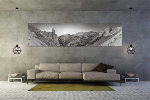 Spitzenerlebnis beim Sonnenaufgang im Soierngebirge - Ich sehe was du nicht siehst - Größe ca. 320x80cm, Seitenverhältnis 4:1 - Klettern im Karwendel - weitere Infos unter https://www.kriner-weiermann.de