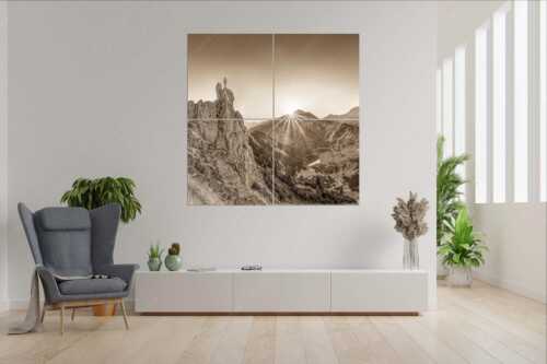 Spitzenerlebnis beim Sonnenaufgang im Soierngebirge - Ich sehe was du nicht siehst - 4er Split, Größe ca. 180x180cm, Seitenverhältnis 1:1 - Klettern im Karwendel - weitere Infos unter https://www.kriner-weiermann.de