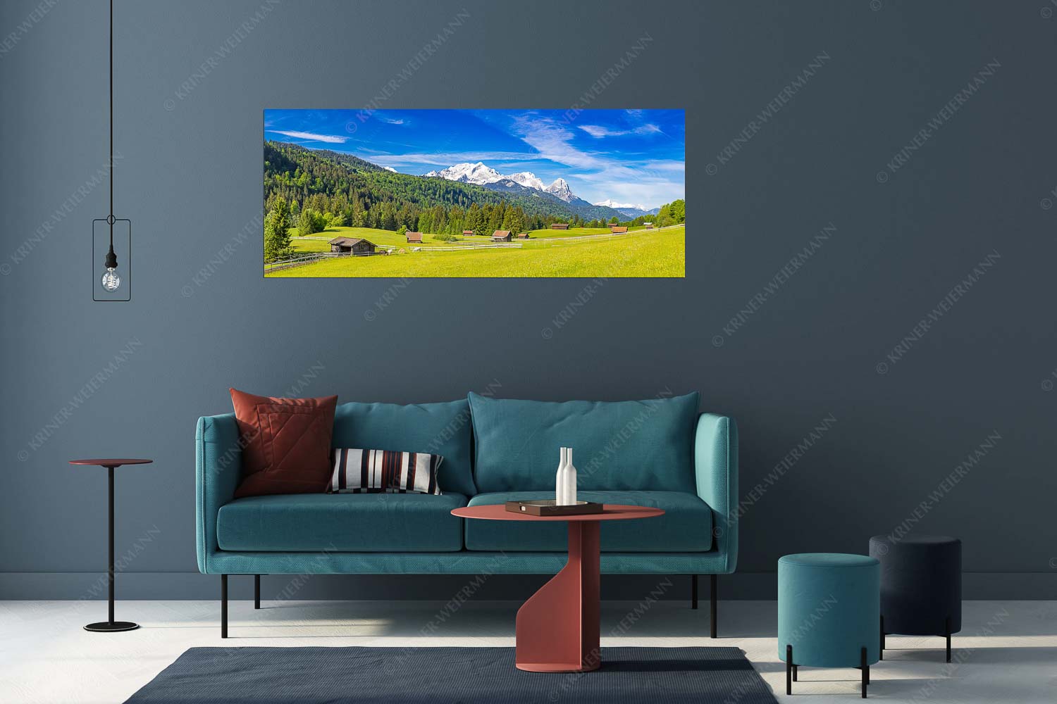 Idyllischer Zugspitzblick – Größe ca. 175x70cm, Seitenverhältnis 2,5:1 — Heustadel Alpspitze Zugspitze Waxenstein Typische Werdenfelser Landschaft mit Wiesen und Heustadeln und dem Blick zum Zugspitzmassiv - Idyllischer Zugspitzblick - Größe ca. 175x70cm, Seitenverhältnis 2,5:1 - Heustadel Alpspitze Zugspitze Waxenstein - weitere Infos unter https://www.kriner-weiermann.de