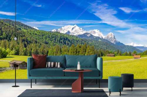 Typische Werdenfelser Landschaft mit Wiesen und Heustadeln und dem Blick zum Zugspitzmassiv - Idyllischer Zugspitzblick - Größe ca. 400x200cm, Seitenverhältnis 2:1 - Heustadel Alpspitze Zugspitze Waxenstein - weitere Infos unter https://www.kriner-weiermann.de