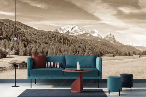 Typische Werdenfelser Landschaft mit Wiesen und Heustadeln und dem Blick zum Zugspitzmassiv - Idyllischer Zugspitzblick - Größe ca. 400x200cm, Seitenverhältnis 2:1 - Heustadel Alpspitze Zugspitze Waxenstein - weitere Infos unter https://www.kriner-weiermann.de