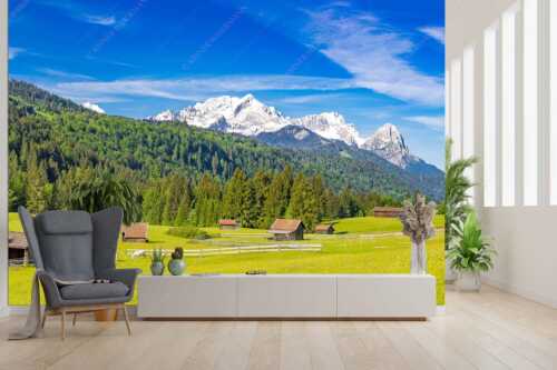 Typische Werdenfelser Landschaft mit Wiesen und Heustadeln und dem Blick zum Zugspitzmassiv - Idyllischer Zugspitzblick - Größe ca. 300x200cm, Seitenverhältnis 3:2 - Heustadel Alpspitze Zugspitze Waxenstein - weitere Infos unter https://www.kriner-weiermann.de