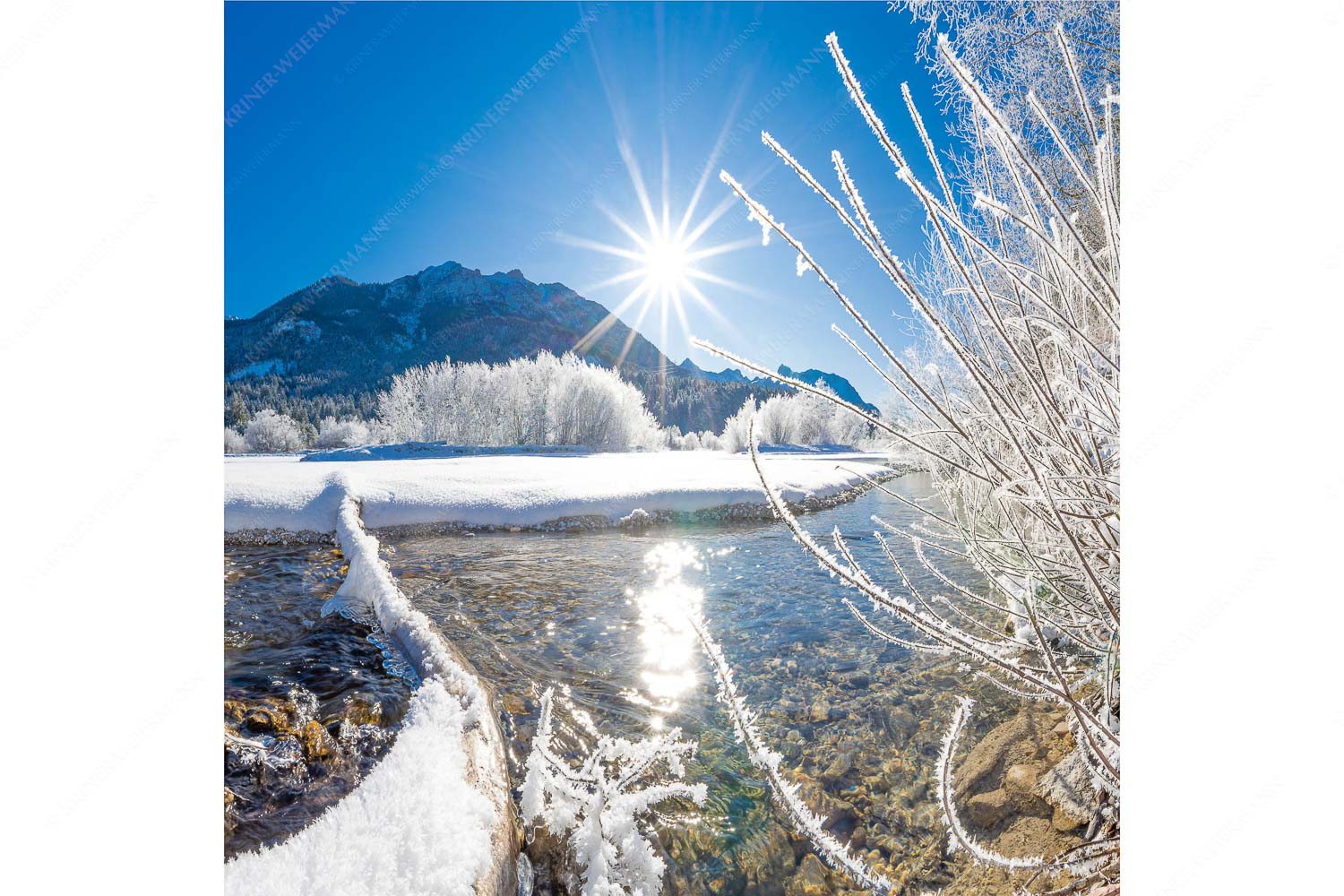 Isarstern – Seitenverhältnis 1:1 — Isar bei Krün mit Karwendel Blick über die winterliche Isar zum Soiern- und Karwendelgebirge