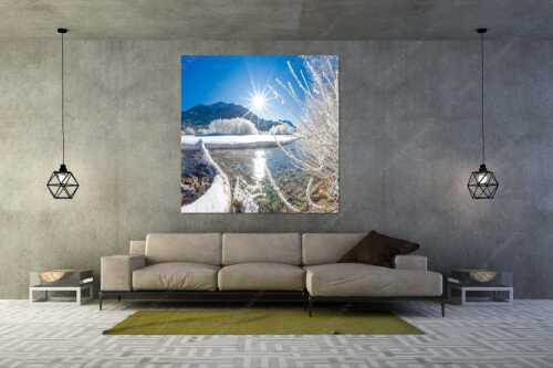 Blick über die winterliche Isar zum Soiern- und Karwendelgebirge - Isarstern - Größe ca. 160x160cm, Seitenverhältnis 1:1 - Isar bei Krün mit Karwendel - weitere Infos unter https://www.kriner-weiermann.de